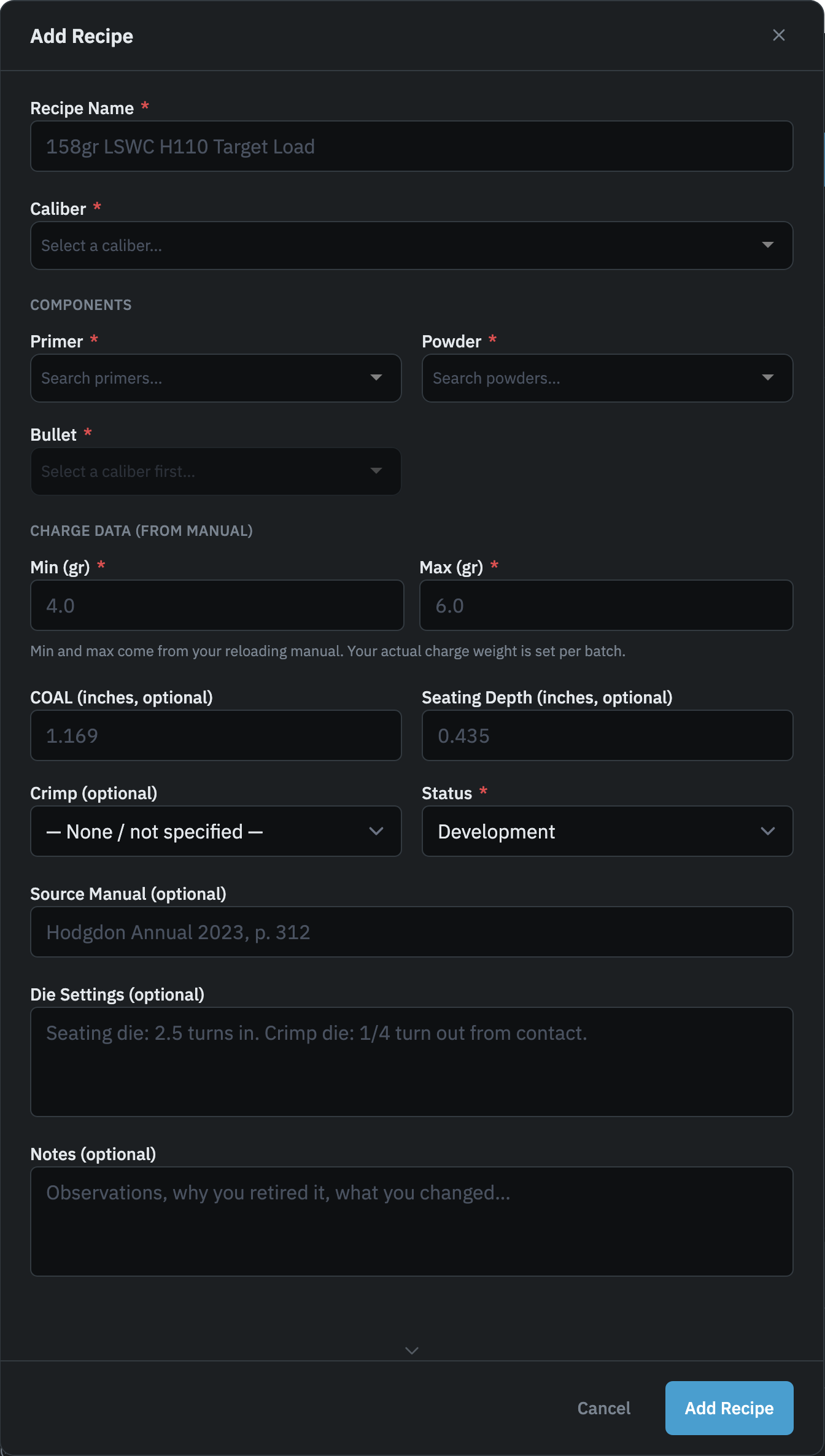Recipe creation modal with all fields visible