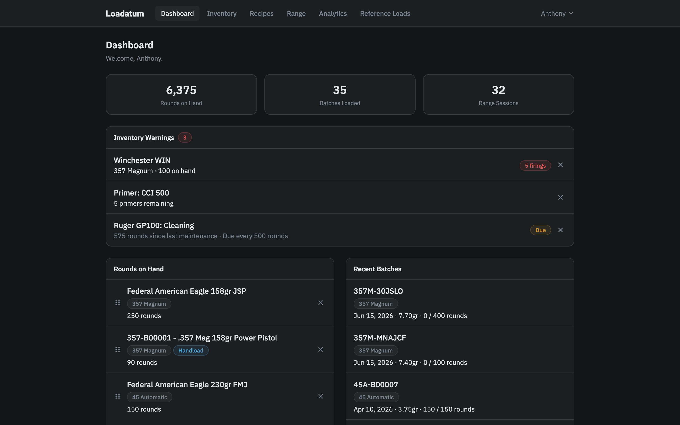 Loadatum dashboard showing component inventory, recent batches, and load analytics