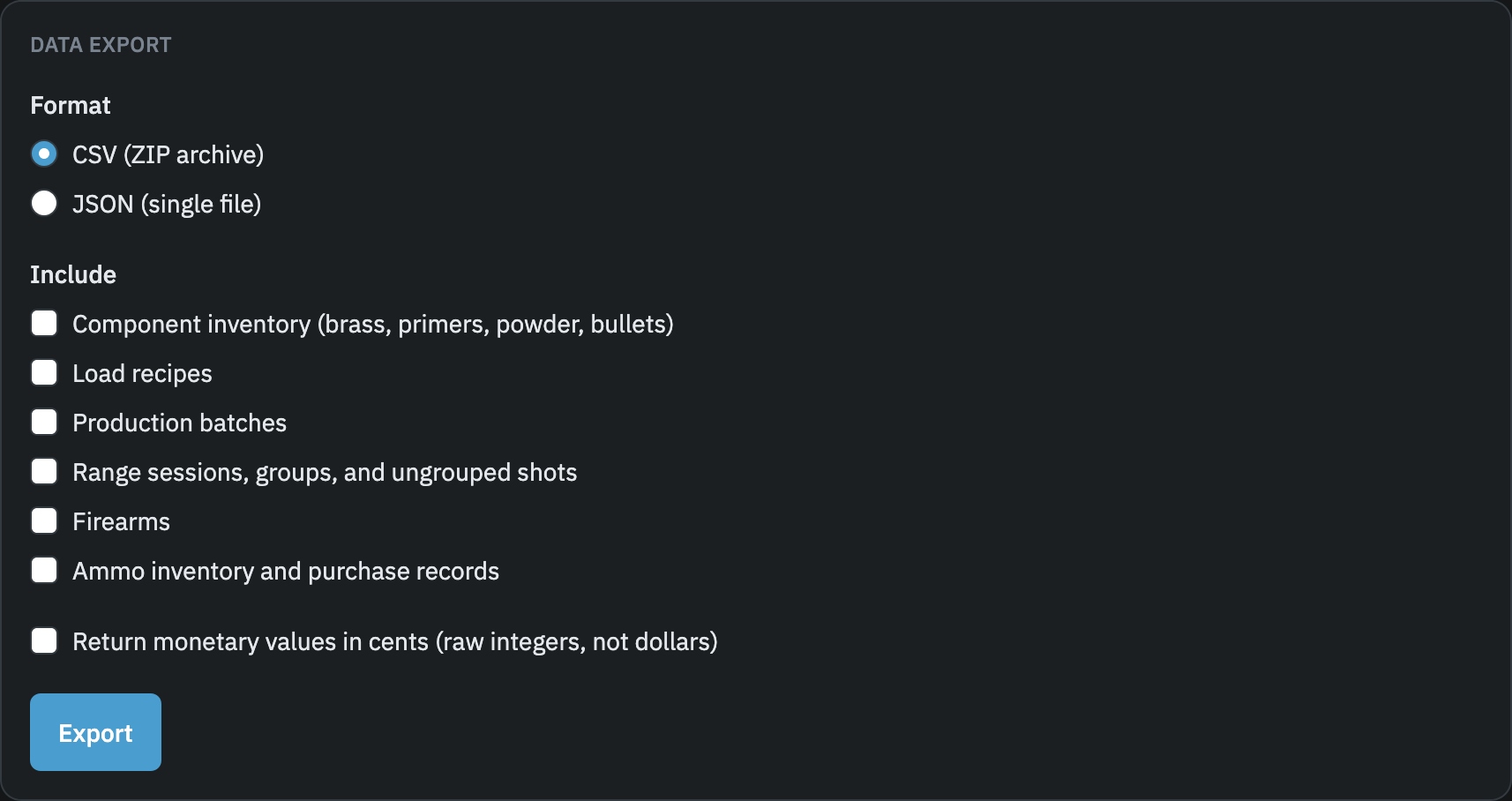Data Export section of the Settings page showing format, include, ammo scope, and export options