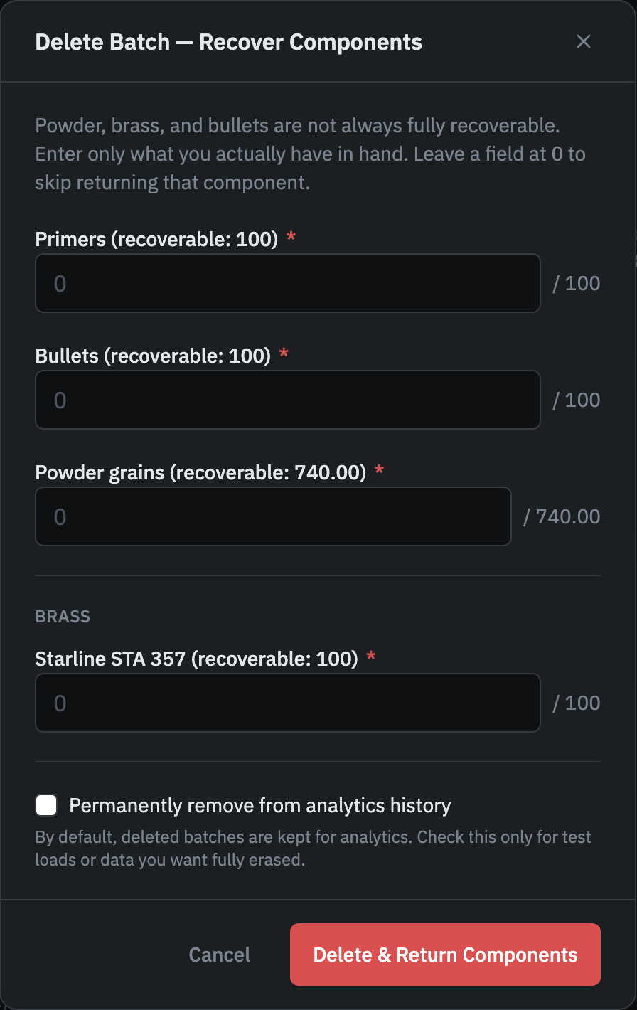 Delete Batch modal with the Permanently remove from analytics history checkbox unchecked