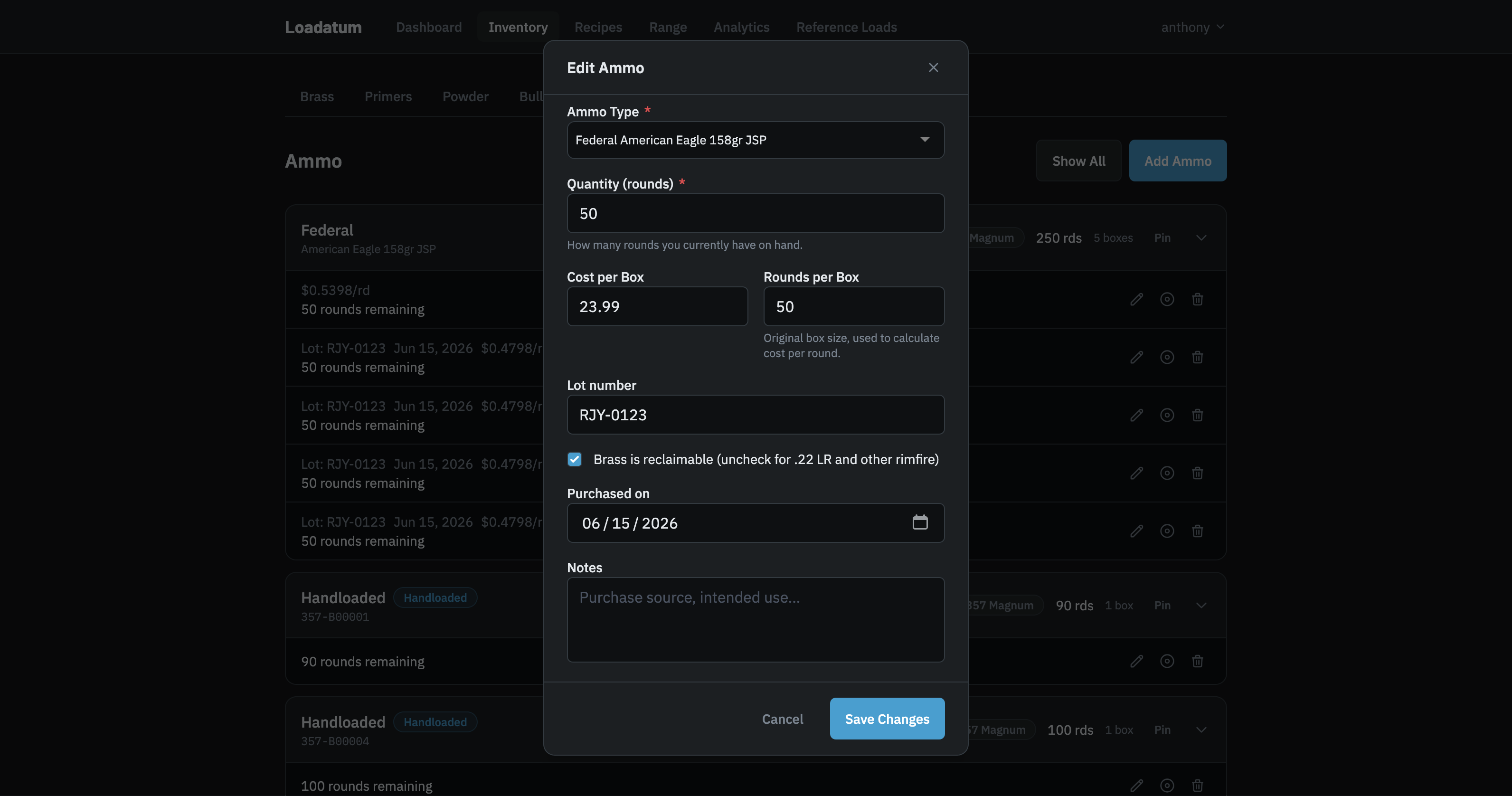 Edit ammo modal showing the Quantity (rounds) and Rounds per Box fields with helper text