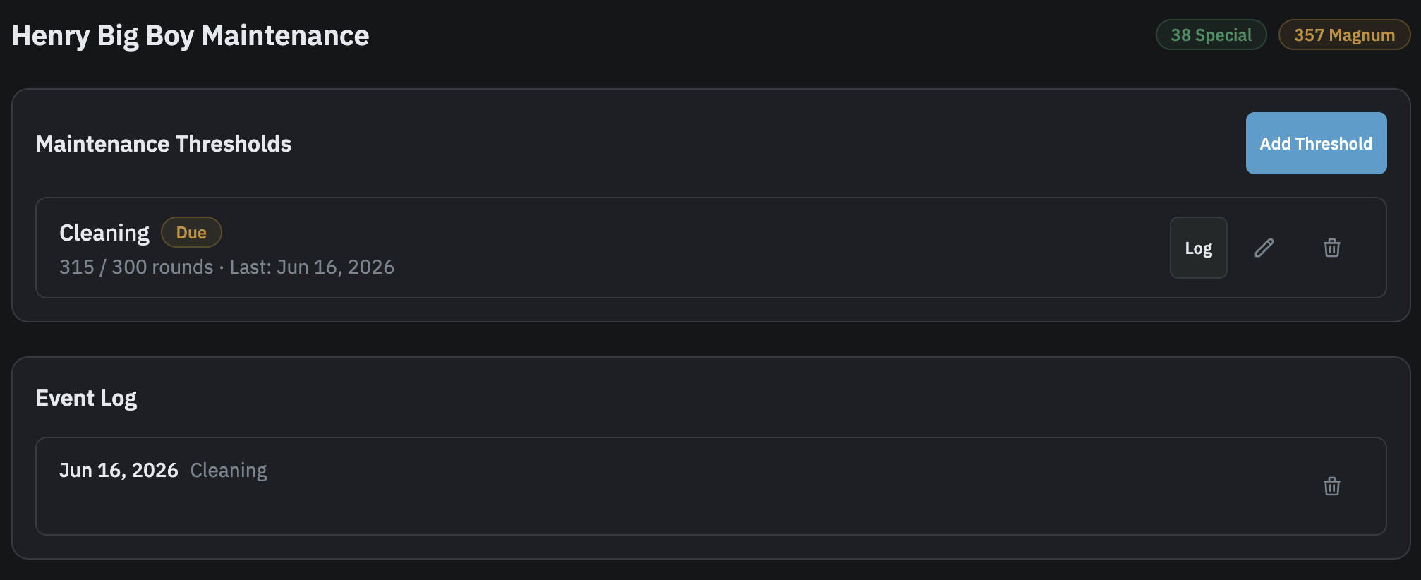 Firearm maintenance page showing the threshold list with one item marked Due in red, and the maintenance event log below it
