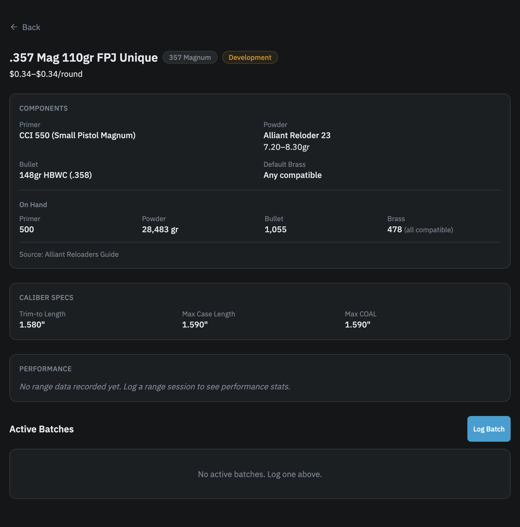 Recipe detail page showing the Log Batch button and component summary