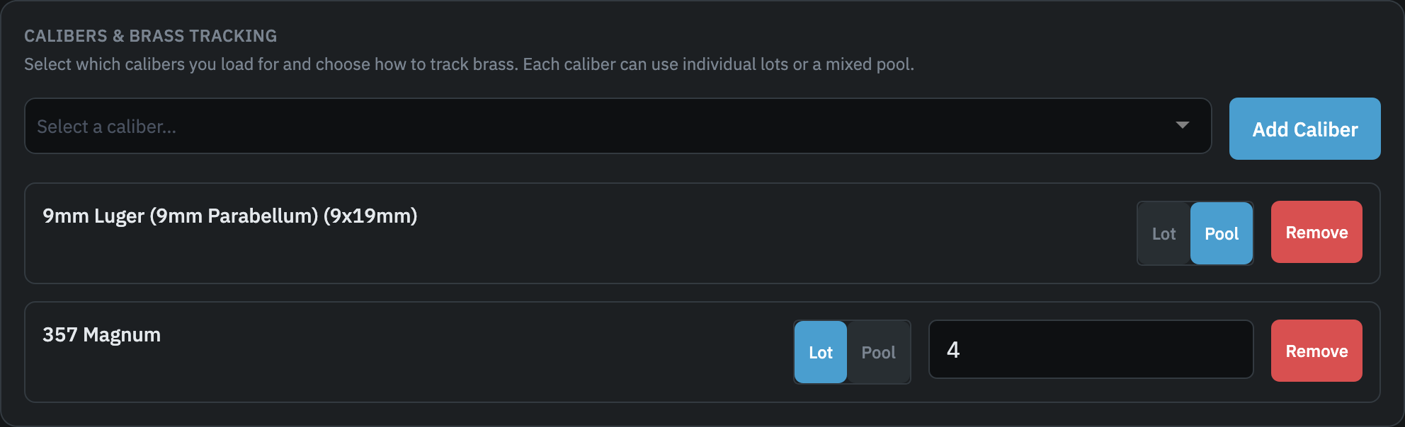 Calibers and Brass Tracking section showing one caliber row with Lot/Pool toggle buttons and retirement threshold field