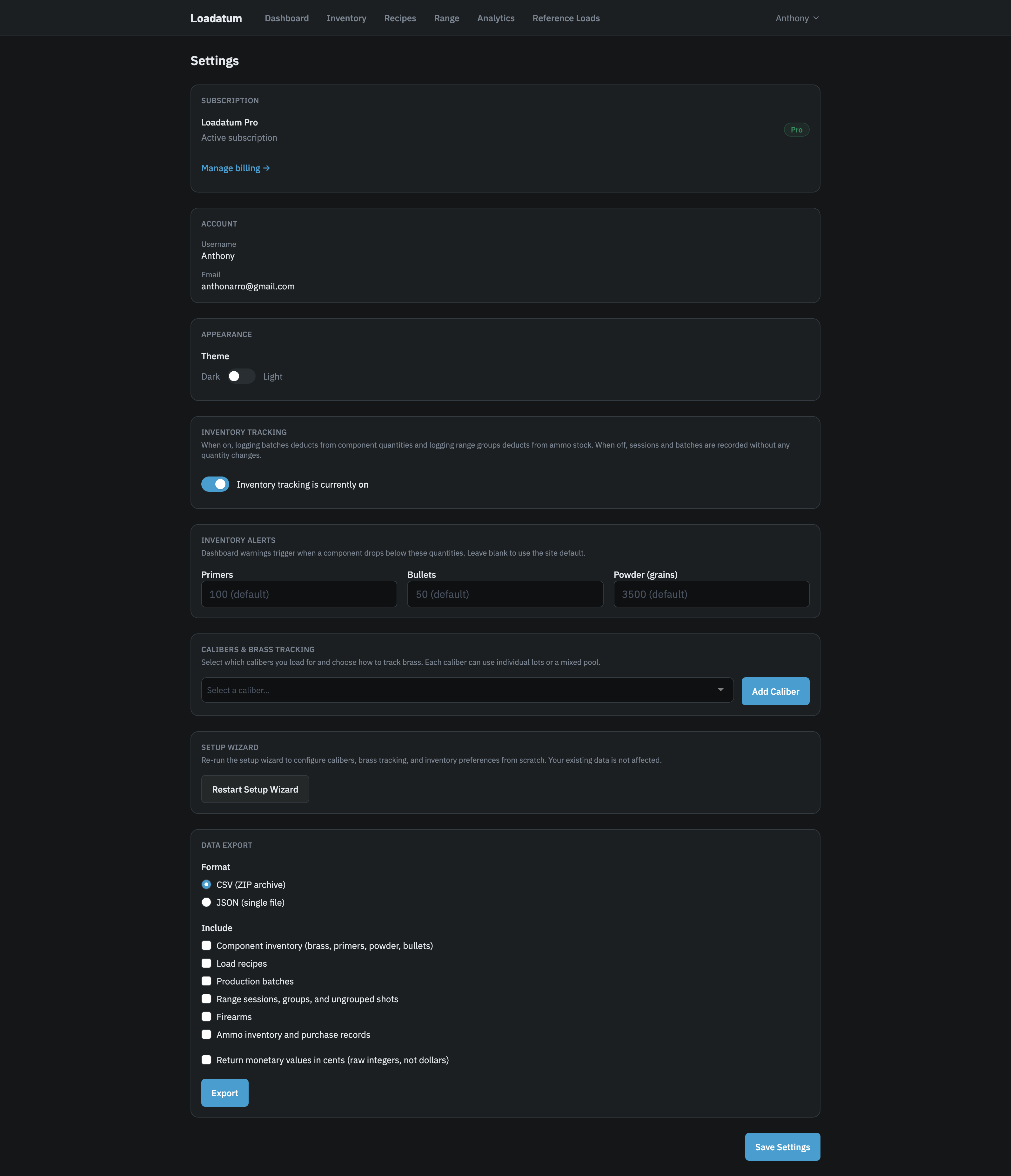 Full Settings page showing all sections from Account through Data Export
