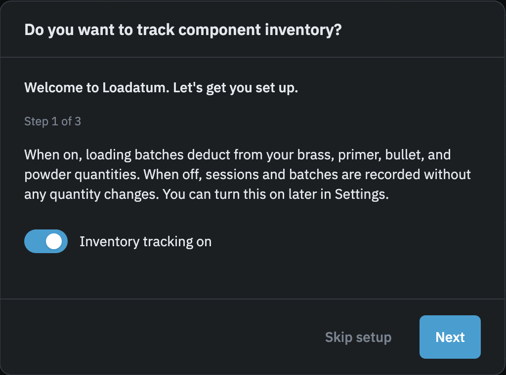 Setup wizard step 1 showing the inventory tracking toggle